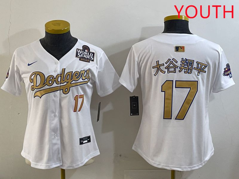 Youth Los Angeles Dodgers 17 Ohtani White Champion gold character 2025 Nike MLB Jersey style 8